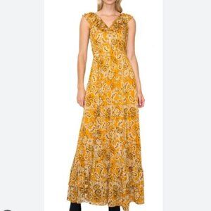 NWT Melloday Metallic Paisley Ruffle Hem Dress – Mustard, Size Large